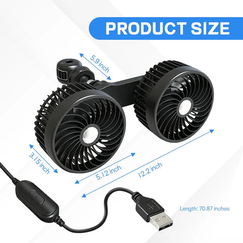 Keep Your Ride Chill With This Usb Powered Dual Head Car Fan Featuring Three Speed Settings And 360 Degree Swivel Headrest Mount For Big Airflow And Straight Up Sweet Relief On Family Trips Or Daily Commutes, showing size details and USB cable.