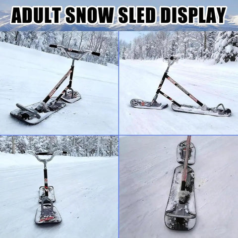 All Terrain Snow Scooter With 360-Degree Steering And 330 Lbs Load Capacity, shown in snow with bicycle-style handlebars and dual board stability.