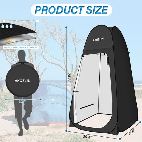 Illustration of Portable Pop Up Shower Tent with Instant Privacy Dressing Room, dimensions 39.4x39.4x74.8 inches, black, on beach