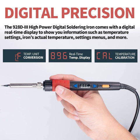 Hand holding 110W Soldering Iron with Full Digital Display and Temperature Control, Fahrenheit and Celsius Readout, 194 F to 896 F Range.