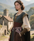 Woman wearing Totally All In One Medieval Renaissance Sword Belt Set For Pirate Costumes And Larp Gear with rustic background
