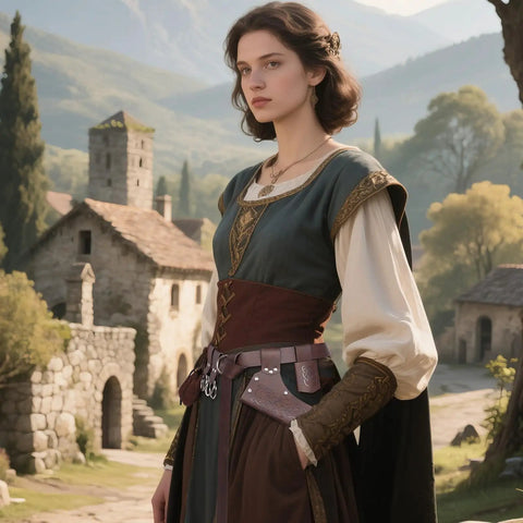 Woman wearing Totally All In One Medieval Renaissance Sword Belt Set For Pirate Costumes And Larp Gear with rustic background