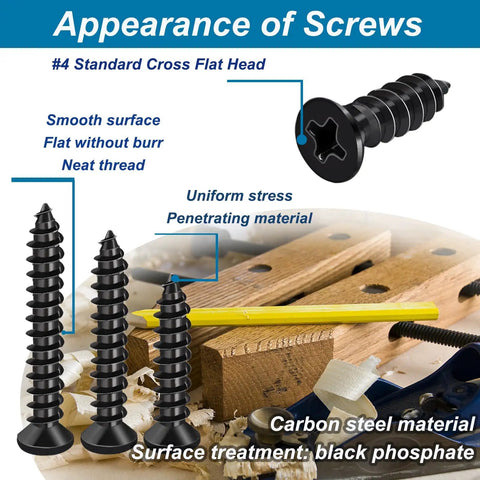 420 Pc Wood Screw Kit Assortment M3 And M2.8 Self-Tapping Phillips Flat Head Screws With Black Finish shown on wooden surface