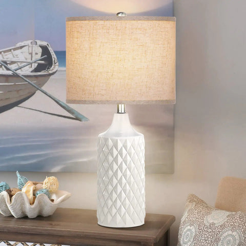 Two Pack 25 Inch White Ceramic Table Lamps For Bedroom And Living Room With 3 Color Temperatures Coastal Farmhouse Nightstand Lamps With Soft Linen Lampshades And Included LED Bulbs