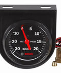 Two Inch Mechanical Vacuum And Boost Gauge With Black Dial Face And Black Bezel, 0-30 In Hg Vacuum, 0-20 Psi Boost, 270 Degree Sweep, 72 Inch Tubing And Fittings Included, Removable Mounting Panel, 12 Volt Internal Backlighting, Mounting Hardware, with tubing and fittings