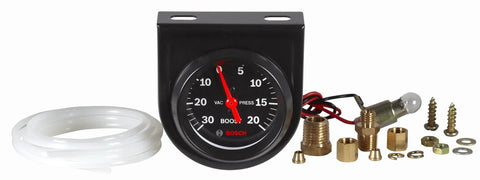 Two Inch Mechanical Vacuum And Boost Gauge With Black Dial Face And Black Bezel, 0-30 In Hg Vacuum, 0-20 Psi Boost, 270 Degree Sweep, 72 Inch Tubing And Fittings Included, Removable Mounting Panel, 12 Volt Internal Backlighting, Mounting Hardware, with tubing and fittings