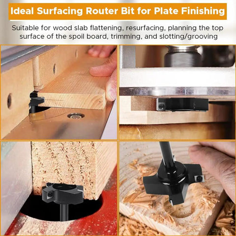 Half Inch Shank CNC Spoilboard Surfacing Router Bit With Three Inch Cutting Diameter Four Wing Design shown in use