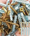 Close-up of Heavy Duty Wall Anchor Expansion Bolts With Self Tapping Screws And Drilling Plugs Serrated Expansion Nails.