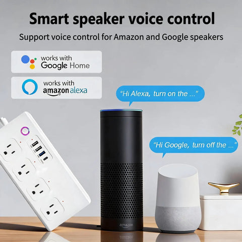 Ditch The Clutter With This Slick Smart Zigbee Power Strip Surge Protector Extension Cord Featuring Four Independently Switched AC Outlets And Four Fast USB Ports For Easy Alexa And Google Home Control with speaker controls.