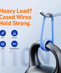 Blue wire holding a kettlebell demonstrating strength, with text 'Heavy Load? Cased Wires Hold Strong' and icons indicating durability.