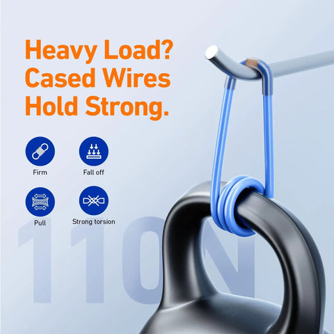 Blue wire holding a kettlebell demonstrating strength, with text 'Heavy Load? Cased Wires Hold Strong' and icons indicating durability.