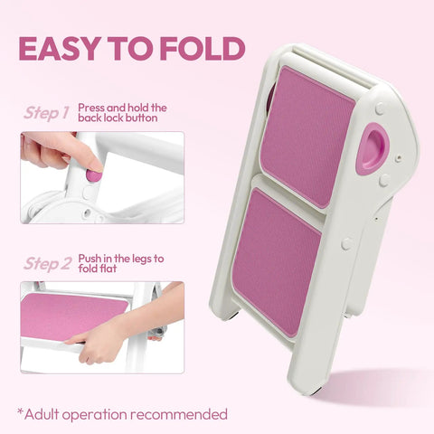 Top Shelf Folding Toddler Step Stool Built Solid For Your Little Munchkins features folding instructions with pink grips.