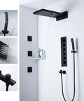 Premium Matte Black Shower System With Waterfall Rain Head And Handheld Spray Set Heavy Duty Brass Valves mounted on wall.