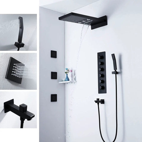 Modern Matte Black Shower System With Waterfall Rain Head And Durable Handheld Sprayer Wall Mount Tub Spout Multi Jet Body Massage Smart Thermostatic Valve on wall with sleek design.