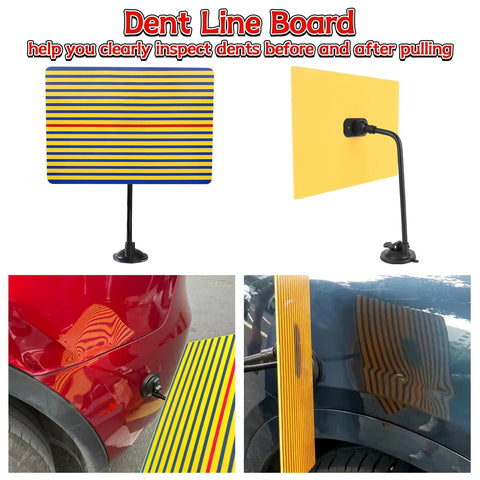 Pro Grade PDR Dent Repair Kit with 100W Glue Gun reflector board for dent detection on red and blue car surfaces.