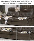 Damaged brown leather sofa with instructions for leather repair kit use, showing areas to trim before applying patches.