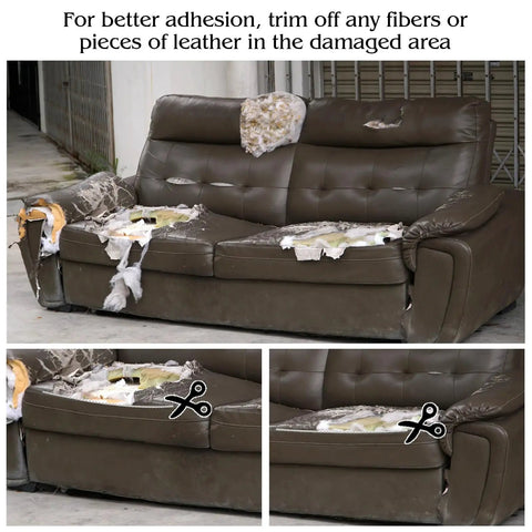 Damaged brown leather sofa with instructions for leather repair kit use, showing areas to trim before applying patches.