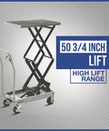 Strongway hydraulic lift table cart with scissor legs, gray steel platform on wheels; 50 3/4 inch lift height