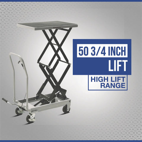Strongway hydraulic lift table cart with scissor legs, gray steel platform on wheels; 50 3/4 inch lift height