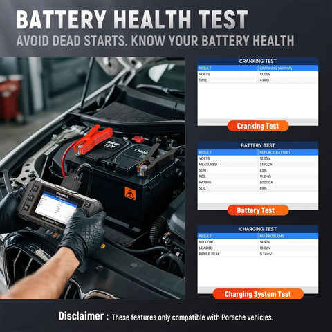 NT510 Pro OBD2 Scanner for Porsche testing battery health with diagnostic tool display during vehicle assessment.