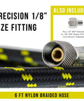 Kickass 10 Ft Braided Airbrush Hose With Kink Free Flex And Snappy Zinc Connectors For Serious Painters Needing Rock Solid Performance And Sweet Finish Quality close-up of 6ft nylon braided hose with precision 1/8 inch fitting.