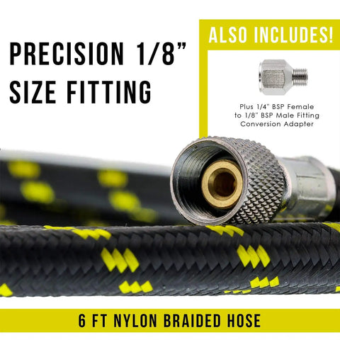 Kickass 10 Ft Braided Airbrush Hose With Kink Free Flex And Snappy Zinc Connectors For Serious Painters Needing Rock Solid Performance And Sweet Finish Quality close-up of 6ft nylon braided hose with precision 1/8 inch fitting.