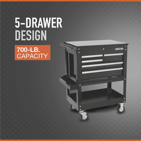 30-Inch 5-Drawer Mechanic's Tool Cart With Rolling Workstation and Built-In Toolbox, Top Storage, 700-Pound Capacity