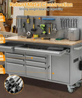 61 Inch Rolling Tool Chest With 10 Drawers And Power Strip, Mobile Garage Workbench Cabinet, Solid Wood Top, Heavy Duty Steel Frame, 1675 Lb Load Rating, Durable Rolling Cart in a workshop setting