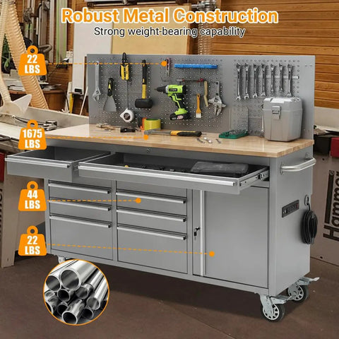 61 Inch Rolling Tool Chest With 10 Drawers And Power Strip, Mobile Garage Workbench Cabinet, Solid Wood Top, Heavy Duty Steel Frame, 1675 Lb Load Rating, Durable Rolling Cart in a workshop setting