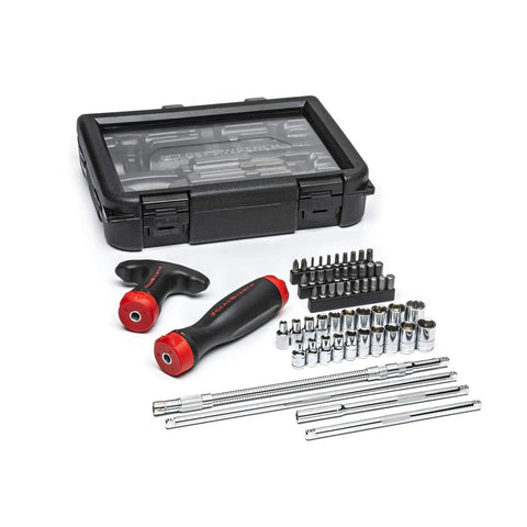 Ratcheting GearDriver Screwdriver Set 56 Pc With Interchangeable Shafts And Handles laid out with case, sockets, bits.