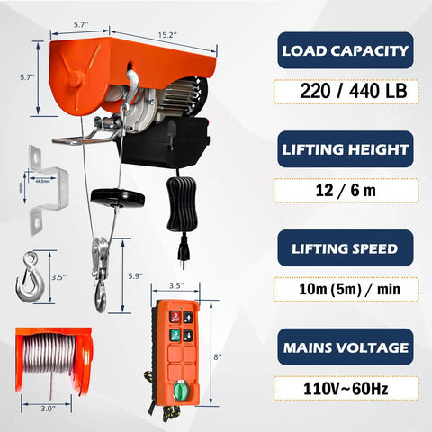 120V Heavy Duty Electric Hoist With Wireless Remote And Emergency Stop 440 Lbs Lift Capacity 39 Ft Lift Height Wire Rope Overhead