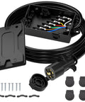 Road Ready 8 Foot 7 Way Trailer Wiring Harness Kit With Color Coded Junction Box Heavy Duty Automotive Connector, features black wiring and junction box.