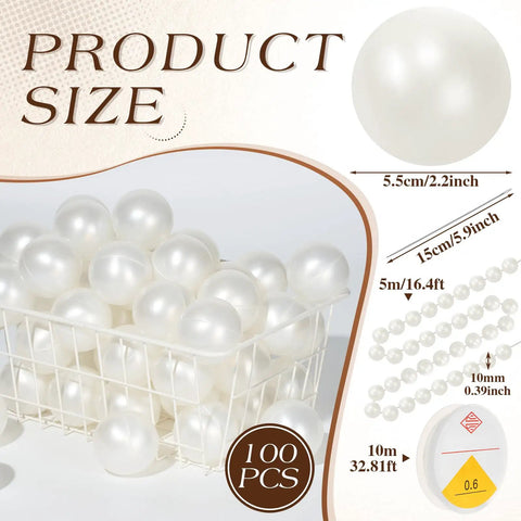 100 Quick Link Pearl Balls Garland Set 2.2 Inch Pearlescent White Beads, 16.4ft Pearl Bead Garland With Elastic Thread And Needle For Easy DIY Backdrops, Wall Arches, Weddings And Party Decor, 100 pcs