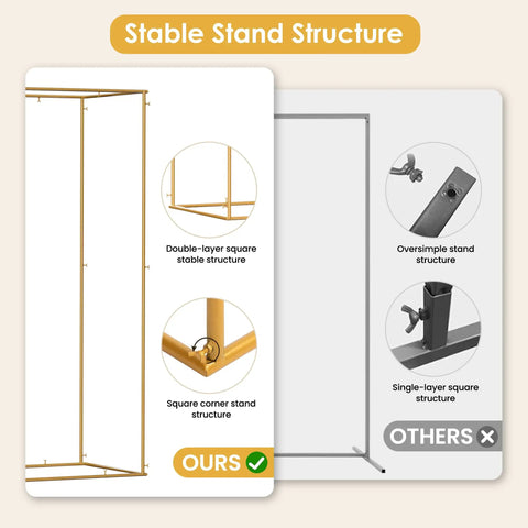 Comparison of Gold Outdoor Metal Arbor Frame Stand 4.95 By 6.56 Ft with stable double-layer vs single-layer stand structures