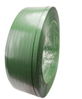 Heavy Duty Green Polyester Strapping Roll For Solid Pallet Securing 5/8 Inch Wide By 4000 Feet Long Yields 1400 Lbs Break Strength Plus Uv Resistance And Lightweight Core Gear Which Handles Rough Loading Jobs Like Butter, wound roll view.