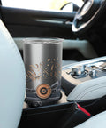 Stainless steel insulated tumbler with woodturning-lathe artwork in car cup holder