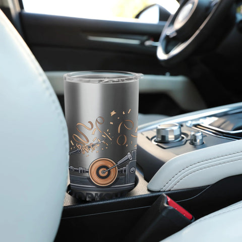 Stainless steel insulated tumbler with woodturning-lathe artwork in car cup holder