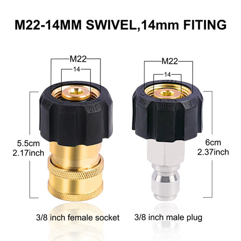 Heliwoo pressure washer adapter set: M22-14mm swivel with brass 3/8in female socket and chrome 3/8in male plug