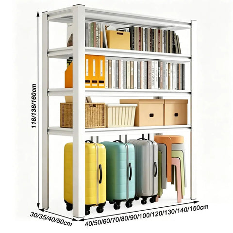 Heavy Duty 4 Tier Metal Garage Storage Shelf Built Like A Tank Carbon Steel Rack With Extra Large Capacity Wobble Free Platform displaying books, boxes, and suitcases.