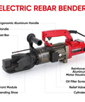 PEResQ Electric Hydraulic Rebar Bender, 1200W Portable Steel Bar Bending Machine for Concrete Work with ergonomic handle and motor housing.