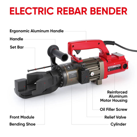 PEResQ Electric Hydraulic Rebar Bender, 1200W Portable Steel Bar Bending Machine for Concrete Work with ergonomic handle and motor housing.
