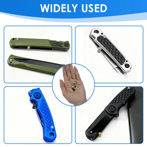 Collage of knives with Universal Quick Open Thumb Studs For Folding Knives Kwik Compatible, hand holding studs.
