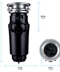 Slim Line Three Quarter HP Garbage Disposal With Anti Jam Grinding System Stainless Steel Black showing dimensions
