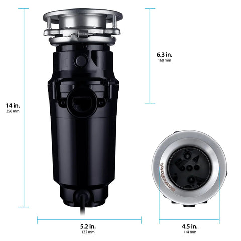 Slim Line Three Quarter HP Garbage Disposal With Anti Jam Grinding System Stainless Steel Black showing dimensions