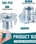 3/8-16 Inch Tee Nuts 4 Prong Zinc Plated Steel Beefy 7/16 Inch Barrel Length Corrosion Resistant For Cabinetry Woodworking And Rock Climbing Holds 300 Pack