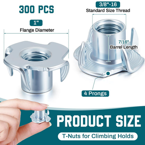 3/8-16 Inch Tee Nuts 4 Prong Zinc Plated Steel Beefy 7/16 Inch Barrel Length Corrosion Resistant For Cabinetry Woodworking And Rock Climbing Holds 300 Pack