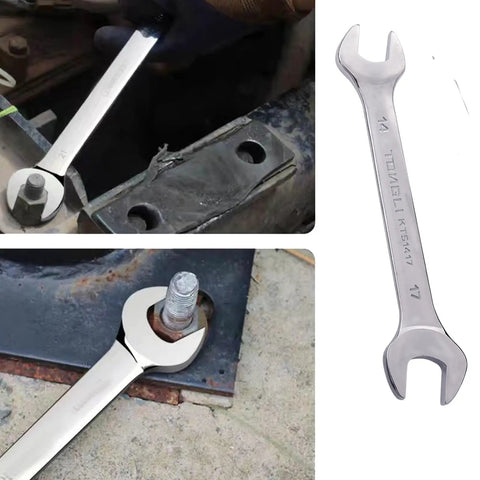 Compact Motorcycle Tool Kit For Roadside Service And ATV UTV Repairs showing 14x17mm open end wrench in use