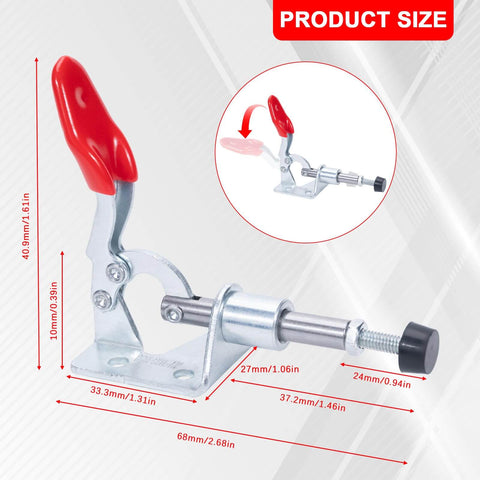 Beefy Heavy Duty Push Pull Toggle Clamp Set With Quick Release Six Piece 99 Lbs Holding Capacity showing product size details.