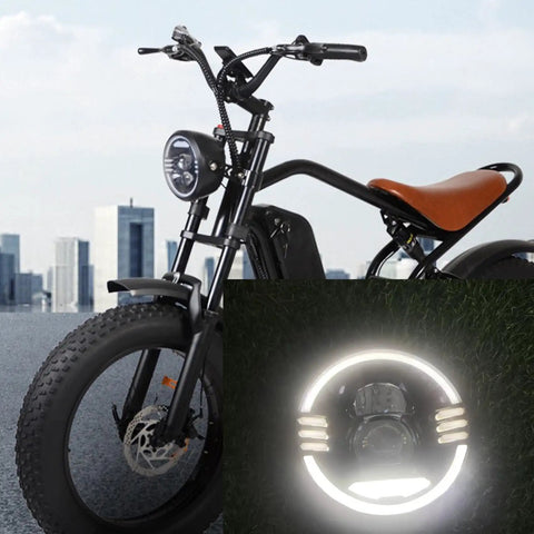 Ultra Bright E Bike Headlight With Built In Horn And Speaker Multi Beam Front Light For Fat Tire Ebikes Beefed Up Night Riding Led Front Lamp Replacement on an electric bike with a cityscape backdrop.