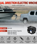 Beefy 3500 Lb Electric Boat Winch 12V DC With Remote Control And Hand Crank Portable Waterproof Reversible Trailer Winch For Boats Perfect For Small To Mid Size Boats Weatherproof Housing Smooth Operation Remote And Manual Crank Power In Freewheel, shown towing a boat